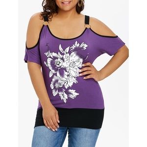 Plus Size Cold Shoulder Floral T-shirt - Purple